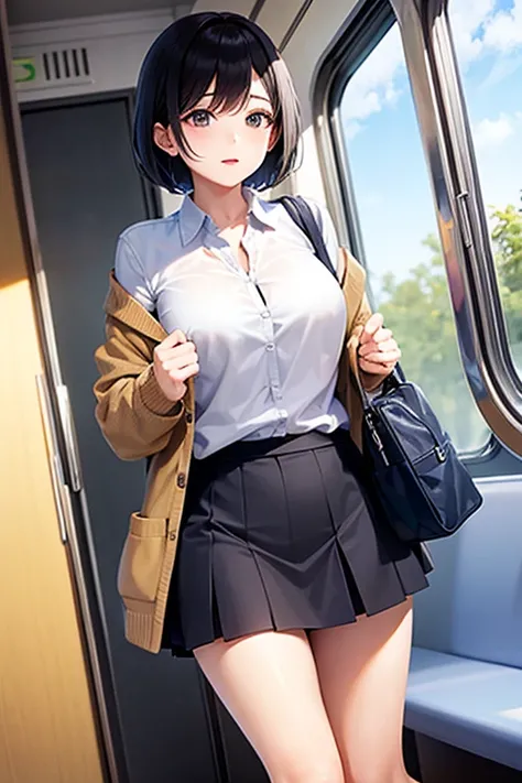 on the train、1 female student、In front of the door、short hair、cardigan、mini skirt