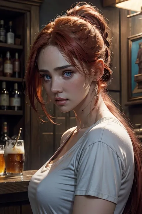 (Jennifer Connelly) light mid redhead hair with ponytail , vibrant blue eyes, white pale skin, portrait, rocker clothes, pub scene, High detail RAW colored art, (detailed skin, skin texture), (muscle), intricate details, fine details, hyperdetailed, ray tr...