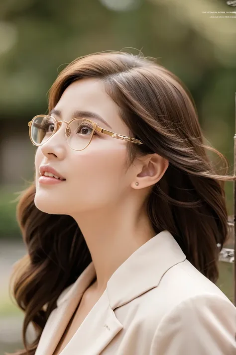 Imagine an elegant girl with long, wavy hair., wearing a feminine eyeglass frame with a delicate and elegant shape, perhaps in a soft brown tone or a refined peach tone. She is in a classic pose, with the head slightly tilted to one side, giving an air of ...