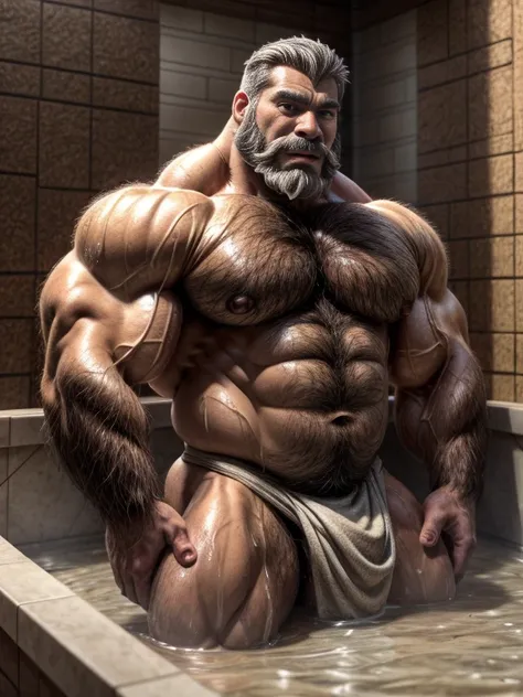 burly virile hairy man, a himbo muscle daddy, middle-aged dilf, hirsute, overmuscular and musclebound, bulging veiny muscles, bushy beard and thick mustache, grey hair, a bodybuilders physique, a warriors build, chest and belly covered with a lush and thic...