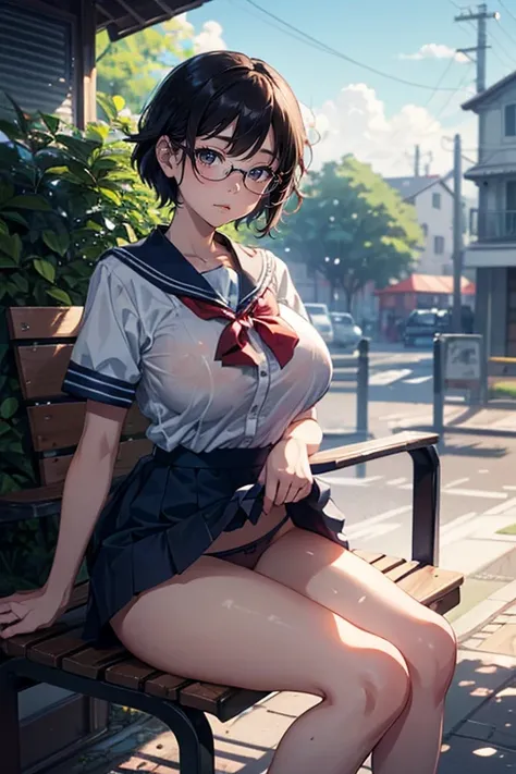 (highest quality), Super detailed), (Ultra High Resolution 8K), High-definition facial beauty, ((Skirt Lift)), A plain girl with glasses, (Big Breasts), (Looking up), Detailed sailor suit, Showing panties , (Blushing, Embarrassing), Very hot day, Shade, ((...