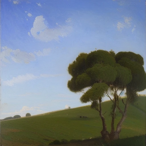 painting of a lone tree in a field with a blue sky, inspired by Camille Corot, airy landscape, hillside, cypresses and hills, trees in foreground, trees in the grassy hills, oil on panel, inspired by Jean-Baptiste-Camille Corot, hill with trees, vista, ins...