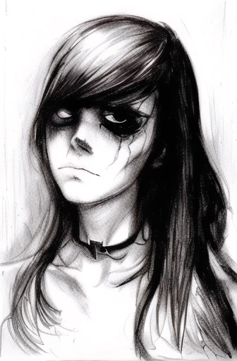 drawing of a woman with long hair and a choker, portrait of a ominous girl, an emo girl, a portrait of a suicidal girl, eerie se...