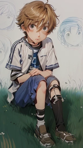 a drawing of a boy with a broken leg sitting on the grass, inspired by Unichi Hiratsuka, inspired by Kamisaka Sekka, inspired by Tetsugoro Yorozu, inspired by Rei Kamoi, with a sad expression, in an anime style, inspired by Junpei Satoh, inspired by Hideyu...