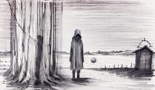 drawing of a person standing in front of a fence with a ball, sketch of a lucid dream, 'lone dark figure'!!, desolate. digital i...