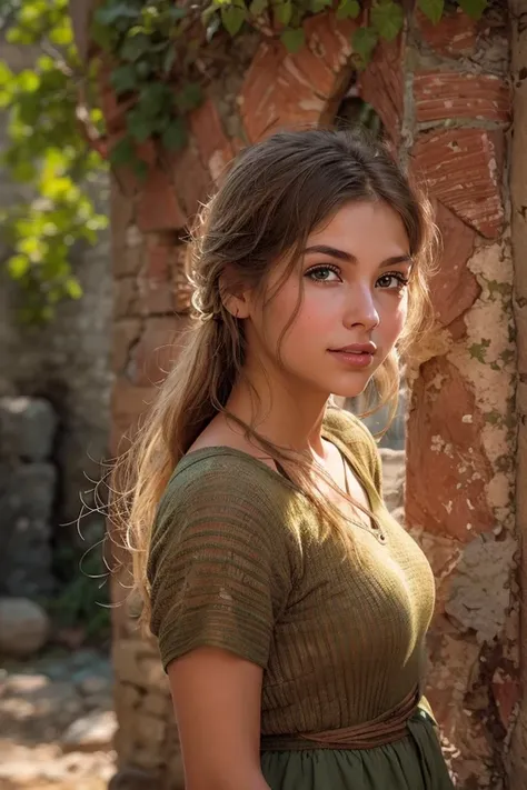 please fix image, a photograph of a peasant girl, s1enna with brunette hair, set in a lush medieval village. she stands by an ol...