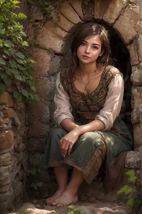 please fix image, foot, a photograph of a peasant girl, s1enna with brunette hair, set in a lush medieval village. she stands by...