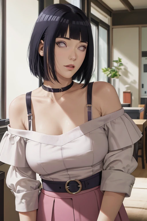 masterpiece, absurdres, hinata(boruto), 1girl, solo,mature female, off-shoulder strap bra, high waist short skirt, looking at viewer, perfect composition, detailed lips, big breast, beautiful face, body propotion, blush, (pink lips), long hair,  purple eye...