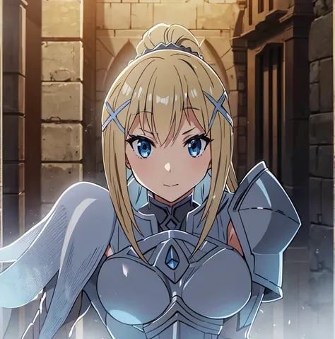 Anime 20 years old girl, female paladin, blonde hair, blue eyes, silver armor,  white wing armor arm plate on right hand, black shirt under armor, castle in background 