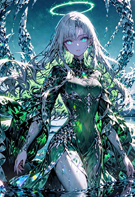 solo, female, sfw, medium shot, statuesque figure, silver hair, long hair, emerald green robes, billowing robes, iridescent gemstones, luminescent gemstones, gemstone on shoulder, glowing eyes, blue eyes, crystal structures, blue sky, calm lake, walking on...