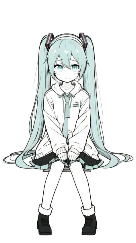 best quality, chibi, 1 girl,  miku, Hatsune Miku, (full body), Pure white background,Vivid,clearly,sad face,rain,snow,Are crying,Sit down