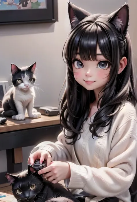 a girl and her cat playing videogames