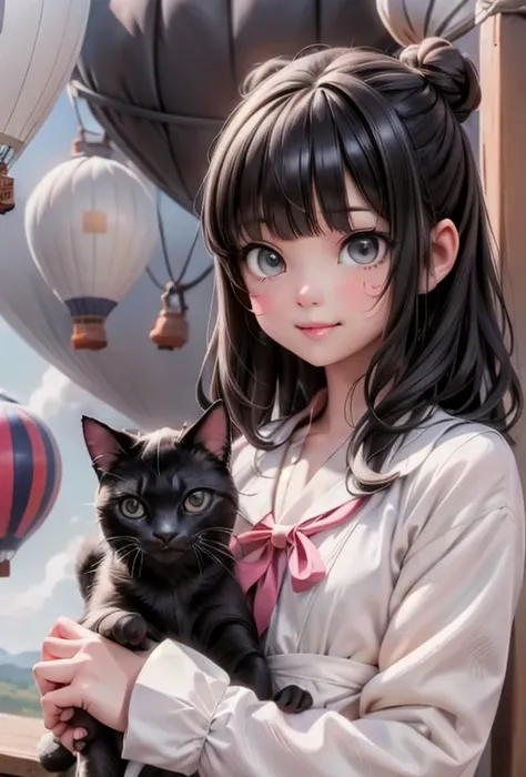 a girl and her cat flying in a hot air balloon