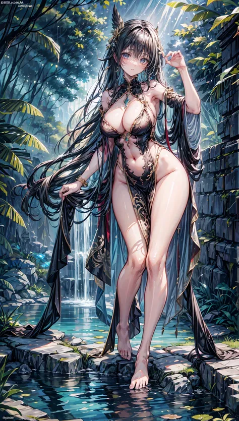 A stunning Southeast Asian girl stands barefoot beside a pond, her brown skin glistening with dew. Her raven-black curls cascade down her back, adorned with intricate Southeast Asian jewelry in gold and silver. Her full body is a sight to behold, but its t...