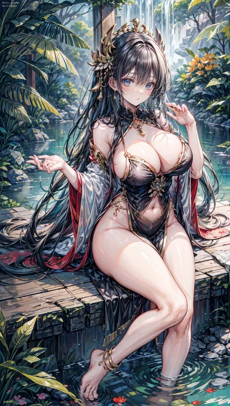 A stunning Asian girl stands barefoot by the ponds edge, her massive breasts adorned with gold and silver jewelry. Her curly locks frame her face as she gazes down at the water, her bright eyes reflecting the grime of the surroundings. Heavy rain pours dow...