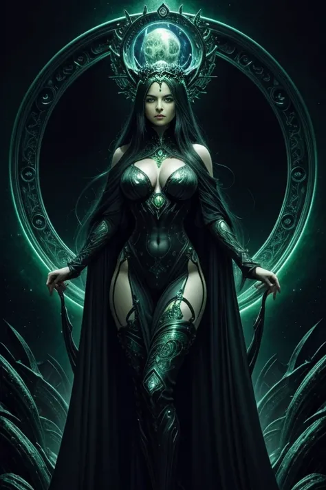 The goddess Venus,procreation of the wicked, cosmos,dark green, black and dark grey,female, sweet, three quarter wiew,entire figure from head to toe, fractal background,digital art, Giger art

