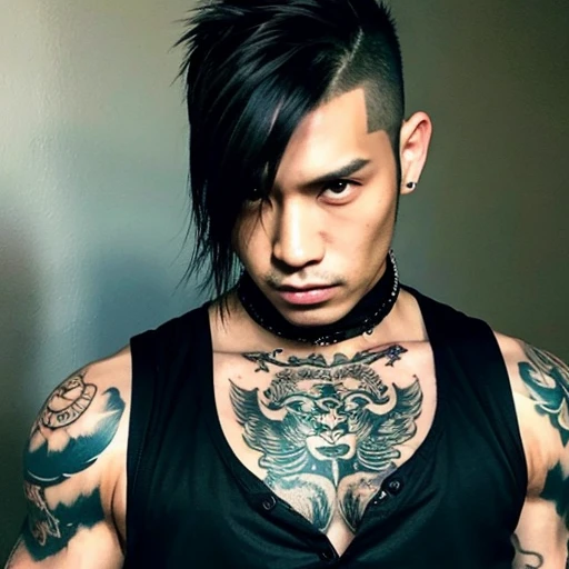 1 man, Japanese man, male, Asian eyes, muscular, broad shoulders, yakuza tattoos, hairstyle Visual Kei style, hair Visual Kei, black mens shirt and black pants, ultra detailed face, hyperrealistic, realistic representation, long hair, long hair, 30 years o...