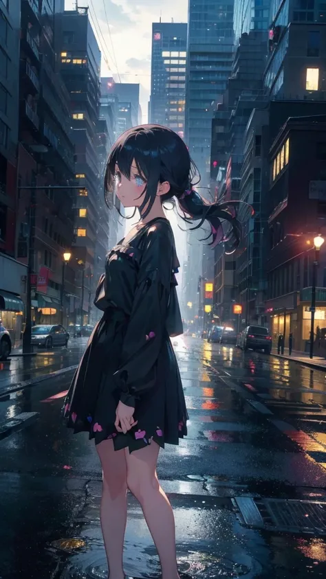 1 anime girl, alone,,Black petals flutter, A mysteriously shining butterfly.city,thin legs,Gloomy cloudy sky,sad expression,very clear,highest quality,city,standing on the street corner,Are crying,tears,close up of face,Sit in the water,barefoot,Falling on...