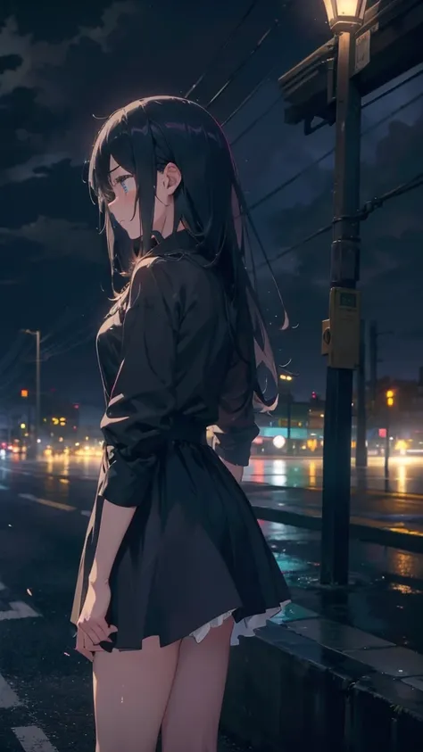 1 anime girl, alone,,Black petals flutter, A mysteriously shining butterfly.city,thin legs,Gloomy cloudy sky,sad expression,very clear,highest quality,city,standing on the street corner,Are crying,tears,close up of face,Sit in the water,barefoot,Falling on...