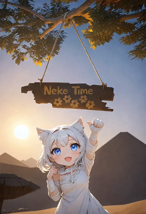 cat girl, chibi, wrapped in old yellow bandages, bandages on hands, bandages on the face, black hair, blue eyes, mummy, reaches for the sign, which hangs on the ebony tree, palm tree, tree is curved, tree with eyes, Halloween, Rendering, Anime background a...