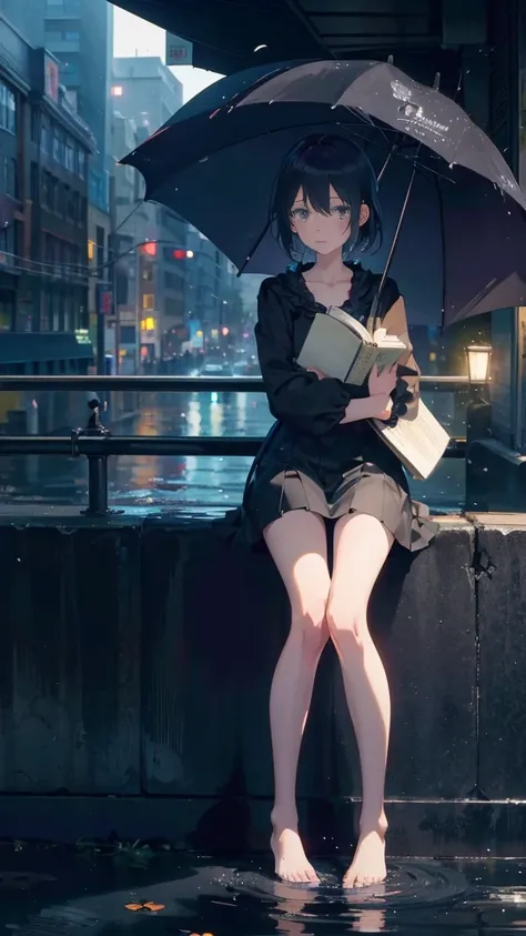 1 anime girl, alone,,Black petals flutter, A mysteriously shining butterfly.city,thin legs,Gloomy cloudy sky,sad expression,very clear,highest quality,city,standing on the street corner,Are crying,tears,close up of face,Sit in the water,barefoot,holding a ...