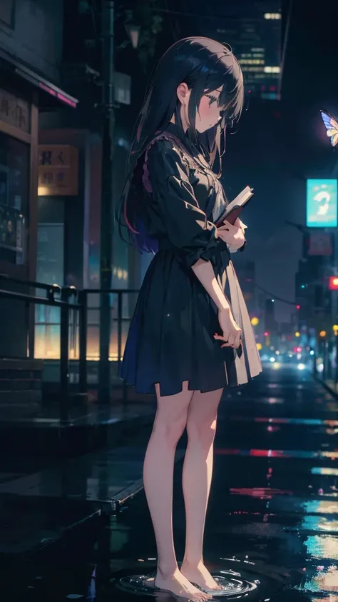 1 anime girl, alone,,Black petals flutter, A mysteriously shining butterfly.city,thin legs,Gloomy cloudy sky,sad expression,very clear,highest quality,city,standing on the street corner,Are crying,tears,close up of face,Sit in the water,barefoot,holding a ...