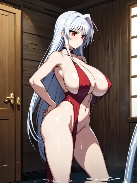 masterpiece,top-quality,reinforce eins,heroine of magical girl lyrical nanoha,1girl,solo,silver hair,long hair, outside splash hair,red eyes,beauty,very huge breasts,narrow waist,bust size is 120cm over,crying,sexy,soaked,seductive anime girl, oppai, biome...