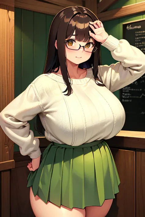 A Cute Young Girl, with (Lush, Medium Length Hair), ((Dark-Brown Hair)), (Big Beautiful Brown Eyes), Absolutely Enormous Breasts, Thick Thighs, and is slightly Plump. Wearing an ((Off-white sweater)), a ((Cute Green Pleated Skirt)), and (Black Square Glass...