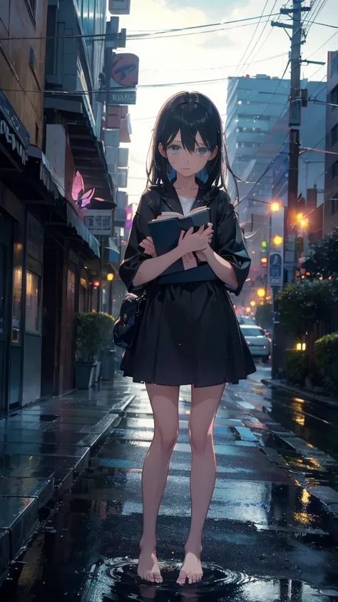 1 anime girl, alone,,Black petals flutter, A mysteriously shining butterfly.city,thin legs,Gloomy cloudy sky,sad expression,very clear,highest quality,city,standing on the street corner,Are crying,tears,close up of face,Sit in the water,barefoot,holding a ...