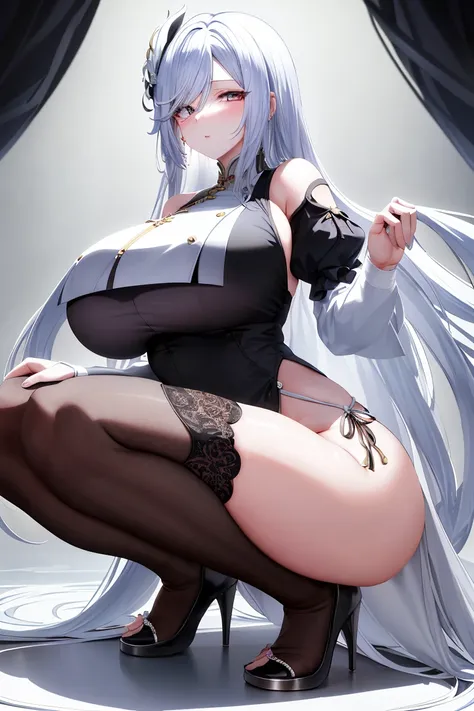 A woman，White long hair，beautiful eyes，Long legs，Nipple protrusion，Twenties，One leg is bare（Wearing white high heels），（A black dress，Wear black high heels），Huge breasts，超级Huge breasts，Squatting on the ground