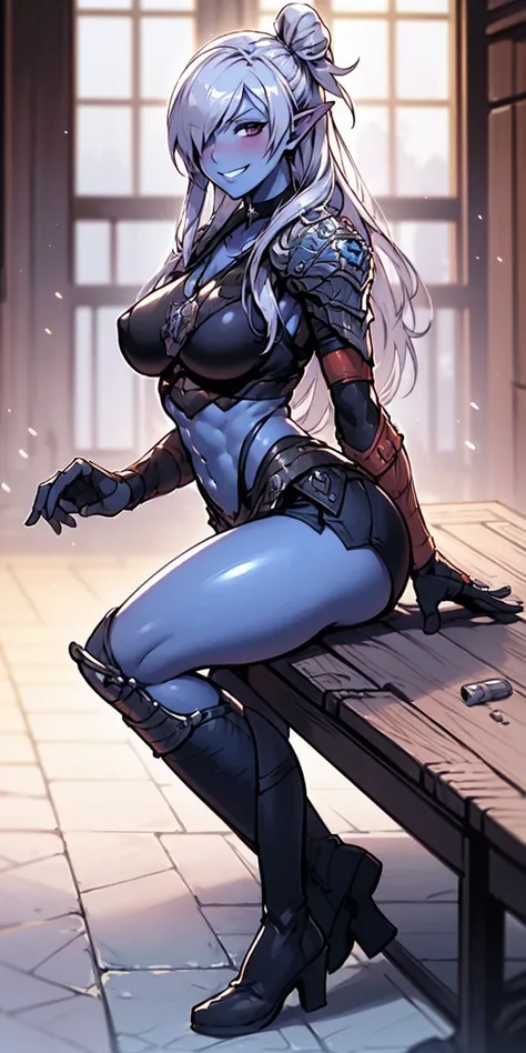 Shez, hair over one eye, choker, full body sitting on a bench showing ass to me, BLUE breastplate, BLUE skin (1girl)(BLUE skin:1.2), looking at viewer, shiny, armor, thigh highs, high boots, pauldrons shoulder armor, faulds, poleyn, gloves, gauntlets, rere...