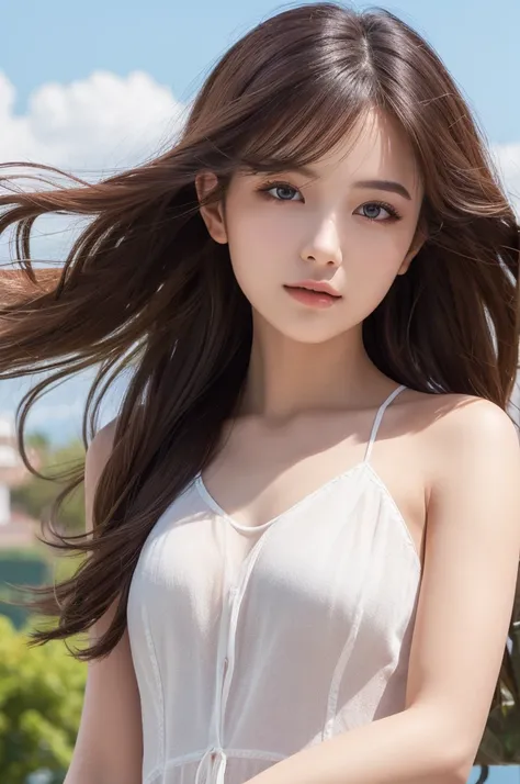 best quality, 8k, high resolution, ultra-detailed, extremely detailed, top quality, realistic, a woman, Incredibly beautiful, hair sways in the gentle breeze, 