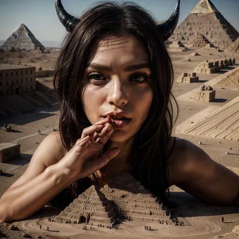 devil woman by pyramid lies with shrunken people, turned into a giant taller than pyramids