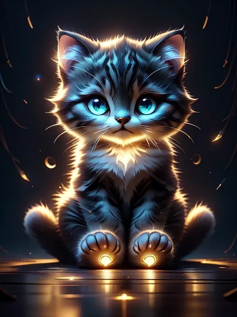 a cute kitty, sitting in the evening with light of led flashlight in the paws, happy kitty face, featuring atmospheric details, ...