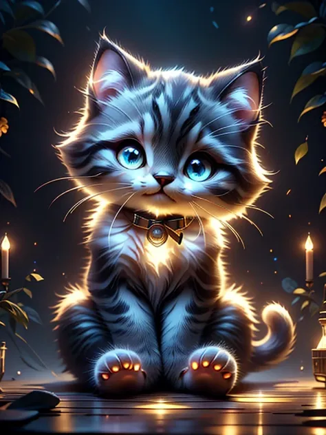 A cute kitty, sitting in the evening with light of the flashlight, kitty has a happy kitty face, featuring atmospheric details, high resolution, and warm lighting 