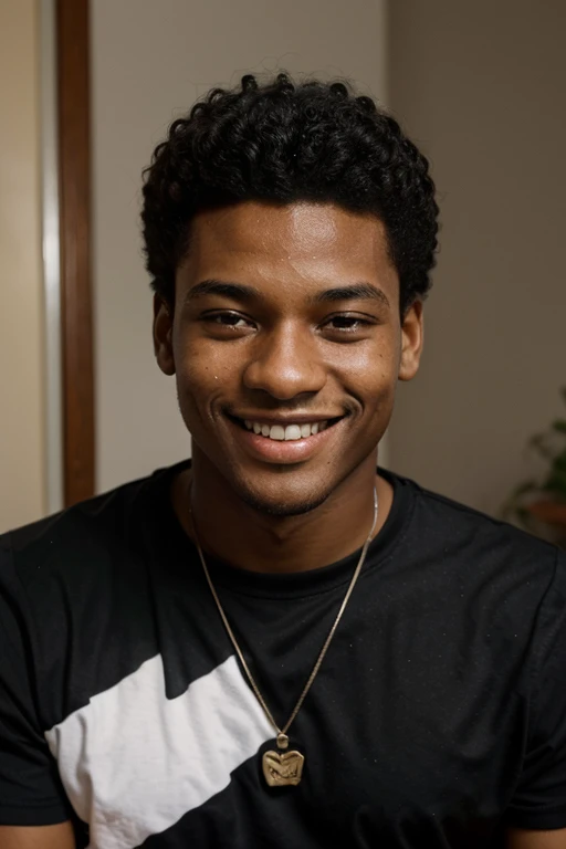 quero uma imagem de um homem jovem negro sorrindo de no maximo 20 anos em um fundo de cor chamativa