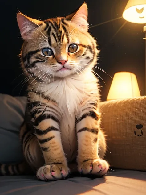 A cute kitty, sitting in the evening with light of the flashlight, kitty has a happy kitty face, featuring atmospheric details, high resolution, and warm lighting 