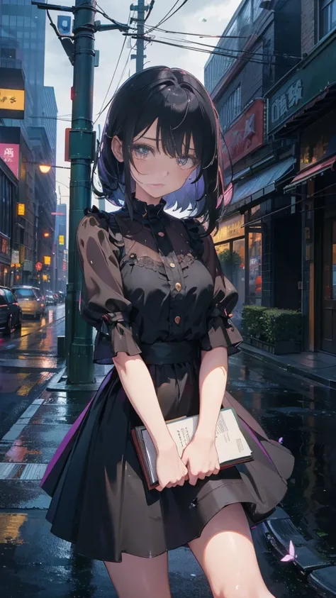 1 anime girl, alone,,Black petals flutter, A mysteriously shining butterfly.city,thin legs,Gloomy cloudy sky,sad expression,very clear,highest quality,city,standing on the street corner,Are crying,tears,close up of face,Sit in the water,holding a book in h...