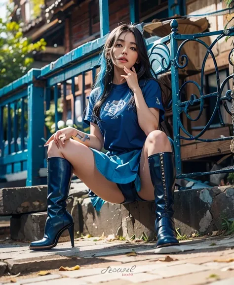 escote azul, botas azules