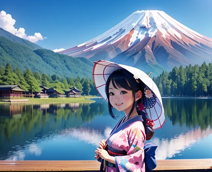 highest quality、Lakeside in front of the mountain、Mt fuji、summer、Daytime、Beautiful blue sky、outside of home、Young girl、Smile on the screen、Detailed beauty、picnic、Open the parasol、kimono、taisho roman 