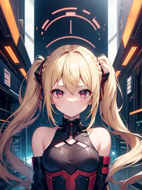 Optimal，masterpiece，High resolution，highest quality，Hyper HD，Super Detail，Awards，16K，alone，（Upper body），Anatomically correct，Beautiful Cyberpunk Girl，Cute Face，，Blonde、Long Hair、Twin tails、Braid, Hairline，（（Scarlet Eyes）），Long eyelashes，The corners of the ...