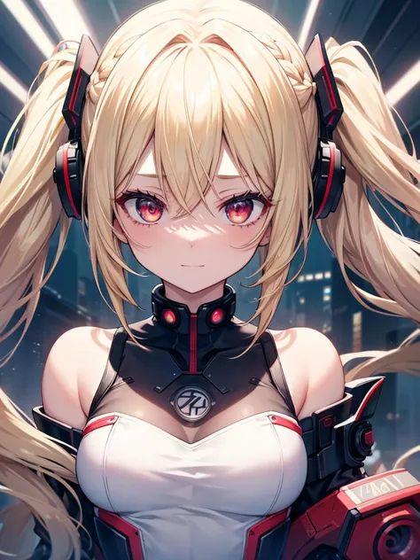 Optimal，masterpiece，High resolution，highest quality，Hyper HD，Super Detail，Awards，16K，alone，（Upper body），Anatomically correct，Beautiful Cyberpunk Girl，Cute Face，，Blonde、Long Hair、Twin tails、Braid, Hairline，（（Scarlet Eyes）），Long eyelashes，The corners of the ...