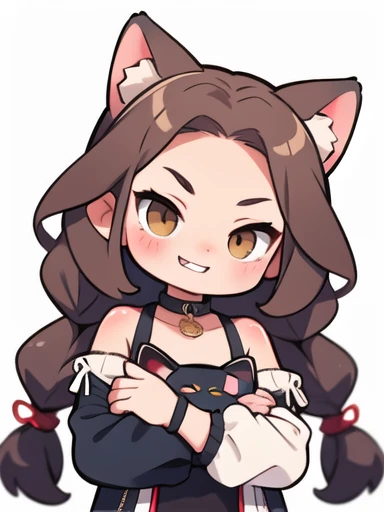 Young girl, cat girl, long braids, long curly hair, mischievous cat girl, brown eyes, smirk, smug