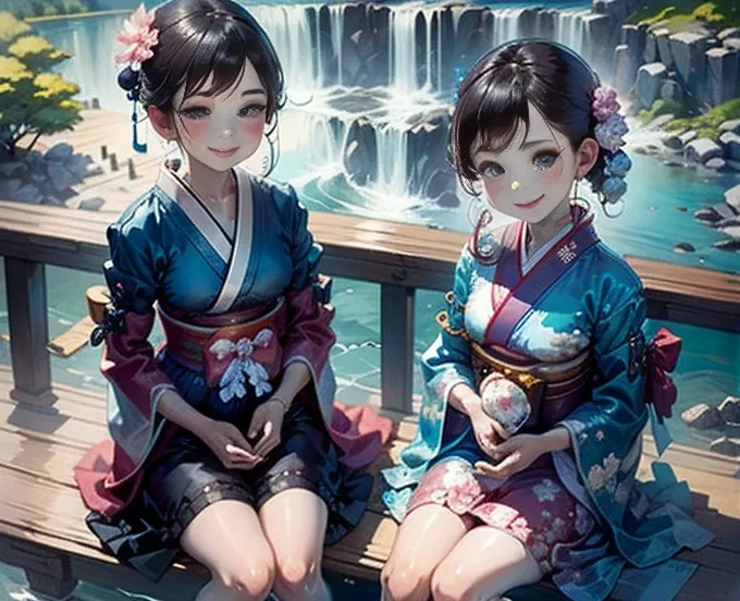 highest quality、Lakeside in front of the mountain、Mt fuji、summer、Daytime、Beautiful blue sky、outside of home、Young girl、Smile on the screen、Detailed beauty、picnic、Open the parasol、kimono、taisho roman 