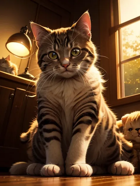 A cute kitty, sitting in the evening with light of the flashlight on the floor, kitty has a happy kitty face, featuring atmospheric details, high resolution, and warm lighting