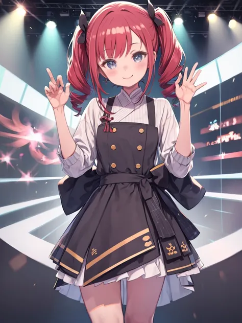 cute、One Girl、high quality、((masterpiece))、Idol Pose、Tet、KasaneTeto、Twin Drill Hair、Smile in public、On Stage、Redhead、neat and clean clothes of neat gray color,