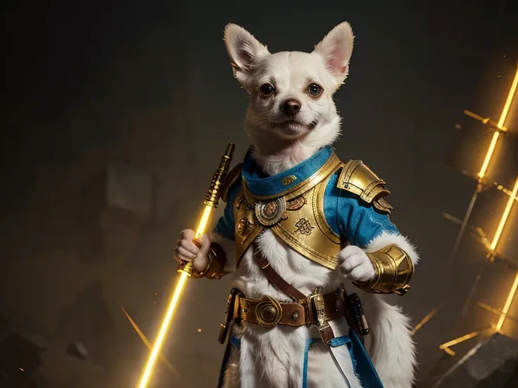 a white Chihuahua dog, short fur, dressed as a golden cyborg warrior, holding a laser sword, posing for photography, intricate details, highly detailed, 8k, hyper realistic, cinematic lighting, octane render, concept art style, vibrant colors