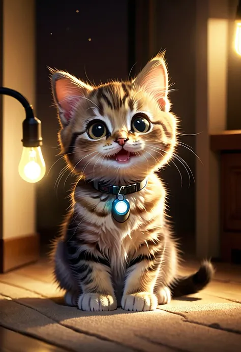 a cute kitty, sitting in the evening with light of the flashlight on the floor, kitty has a happy kitty face, featuring atmosphe...