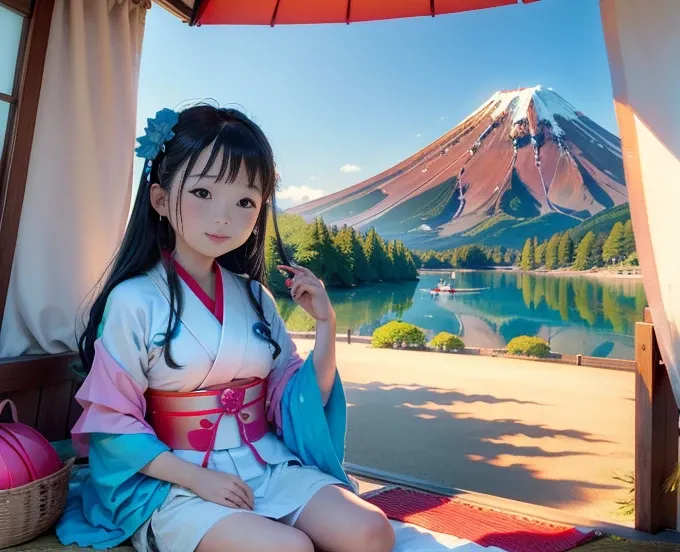 highest quality、Lakeside in front of the mountain、Mt fuji、summer、Daytime、Beautiful blue sky、outside of home、Young girl、Smile on the screen、Detailed beauty、picnic、Open the parasol、kimono、taisho roman 