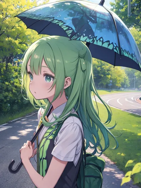 Bit Girl，Green Hair，on the road，butterfly，Bring an umbrella、傘を持っているGreen Hairと緑の目をしたアニメの女の子